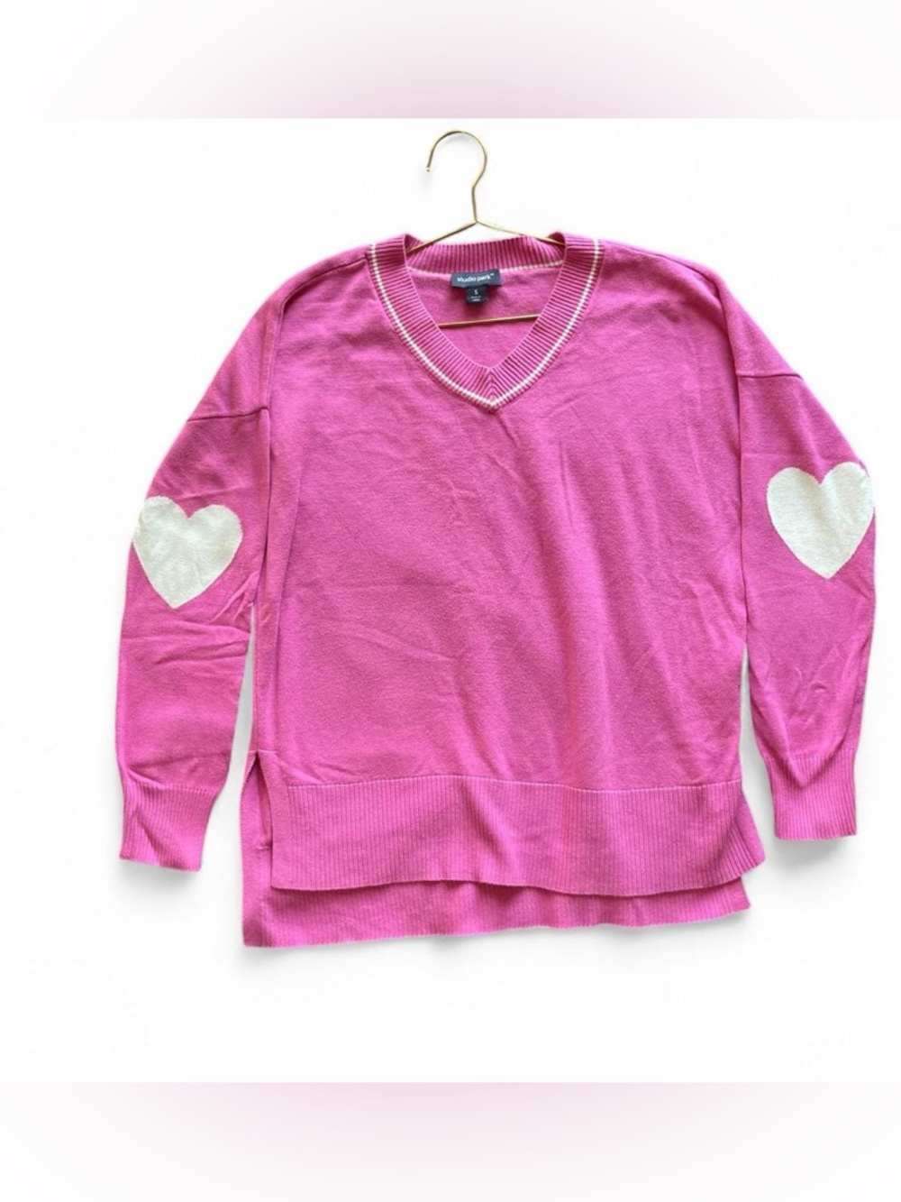 Studio Park Pink Heart Elbow Patch V-Neck Sweater – Preppy Coquette Knit (S)